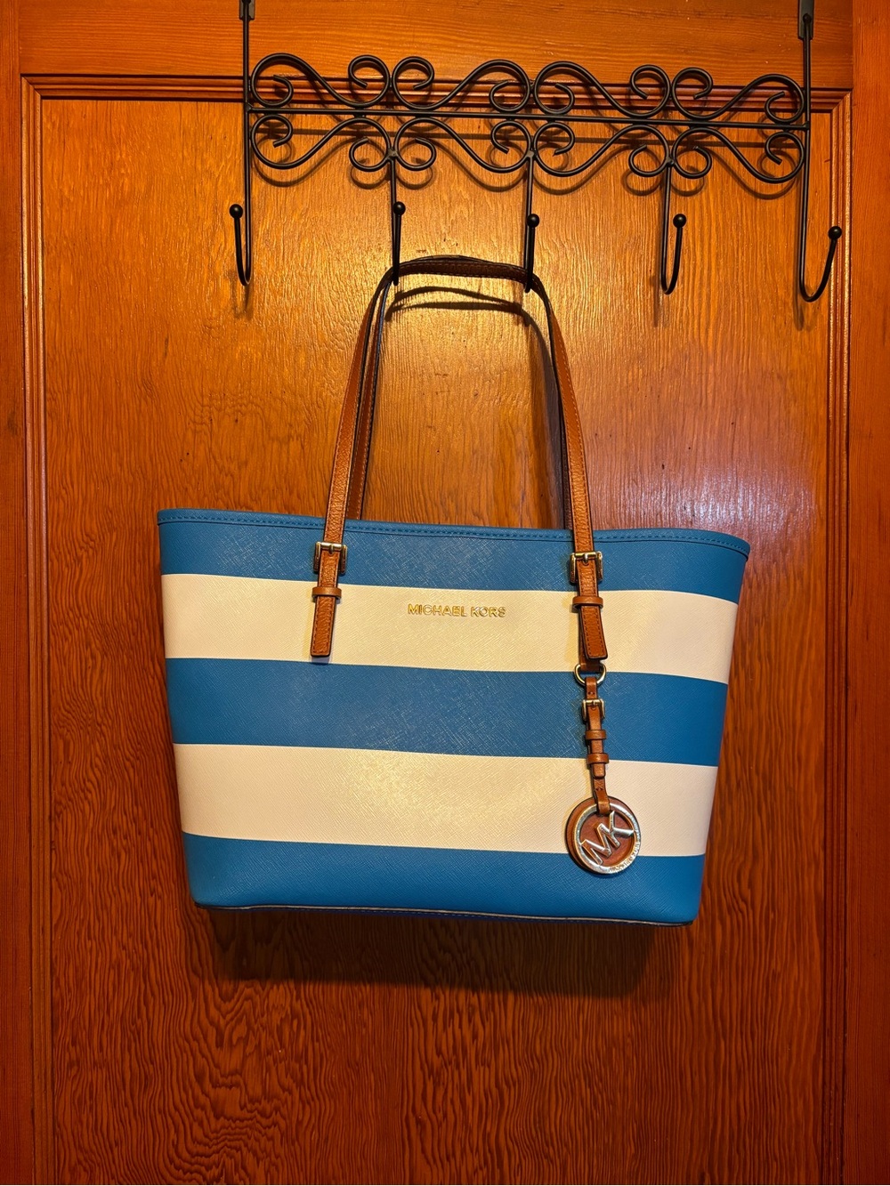 Michael Kors Blue, White and Tan Striped Tote